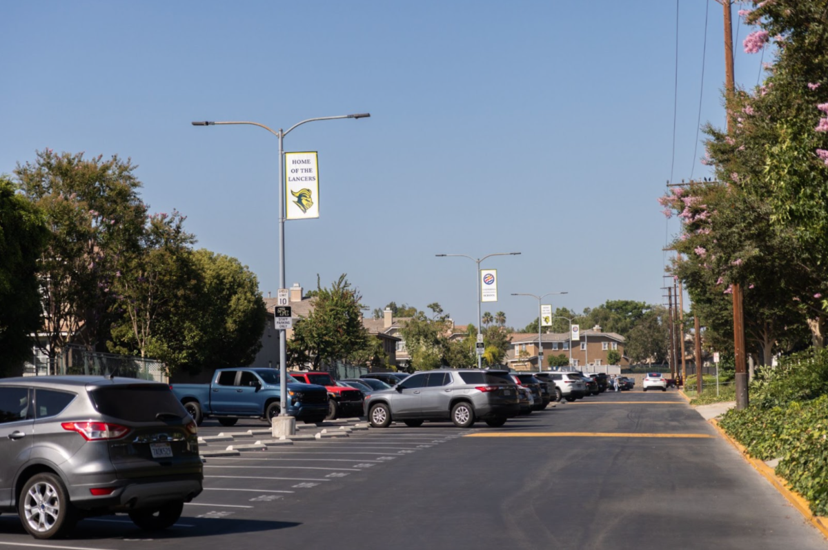 Two types of banners are seen on the light poles in the west parking lot. Some students say the new look reminds them of other renown spots like Downtown Fullerton or college campuses.